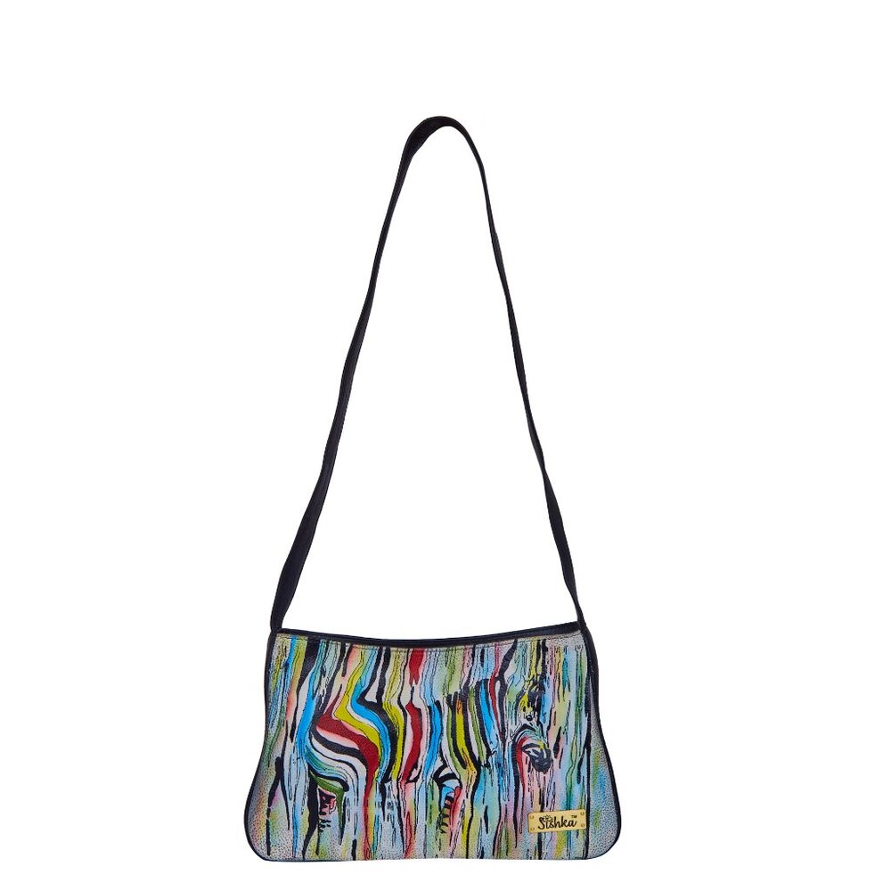 Hand-Painted Leather Zebra Multicolor Artwork Women's Shoulder Sling Bag